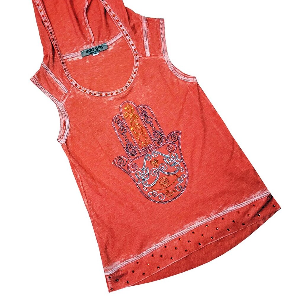 Mystic Hamsa Girl's Burn-out Orange Sleeveless Hoodie Shirt